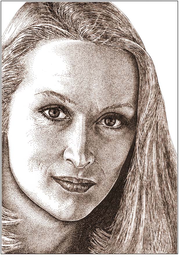 Meryl Streep, 筆墨點畫肖像 Pen and Ink Stipple Portrait, 10x8 in.